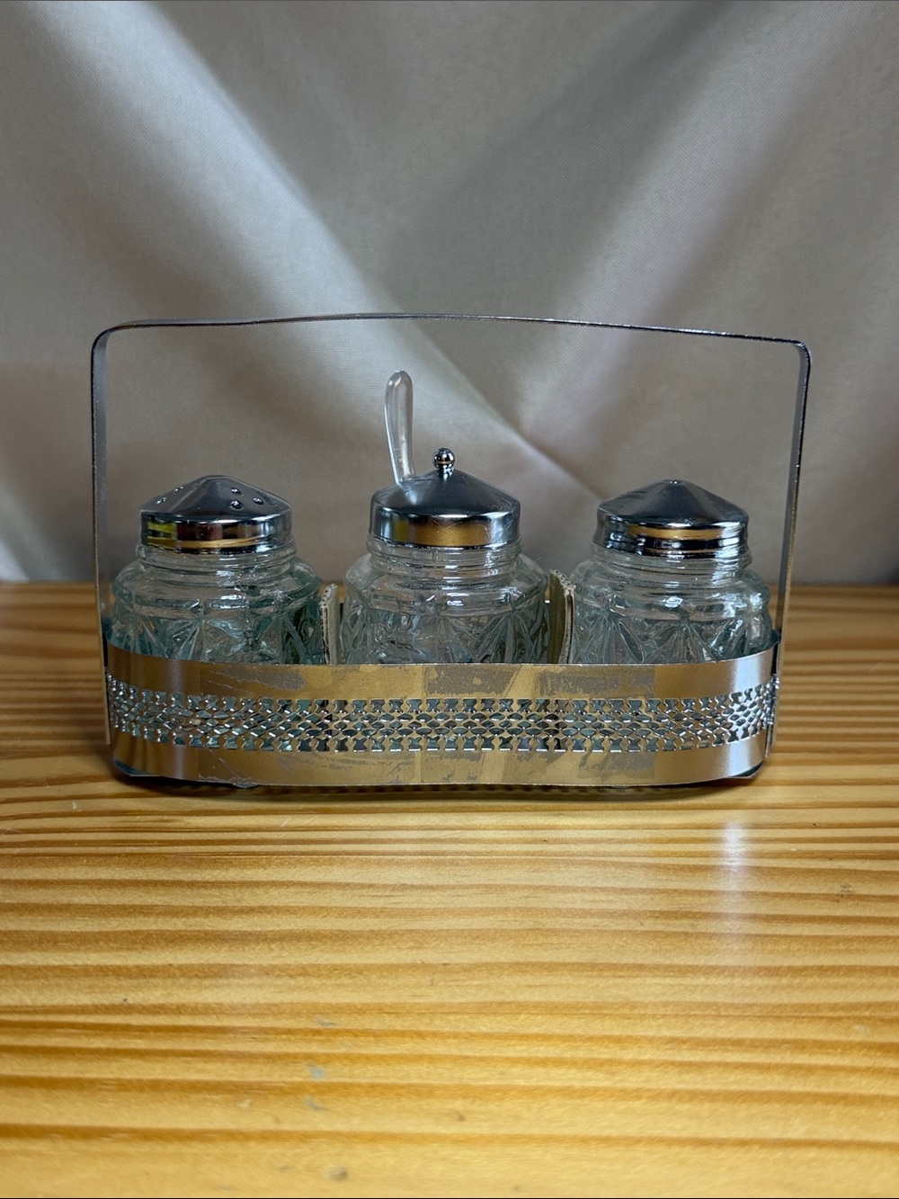 Vintage 4-Piece Cut Glass Condiment Set with Silver Tone Caddy Chrome Basket